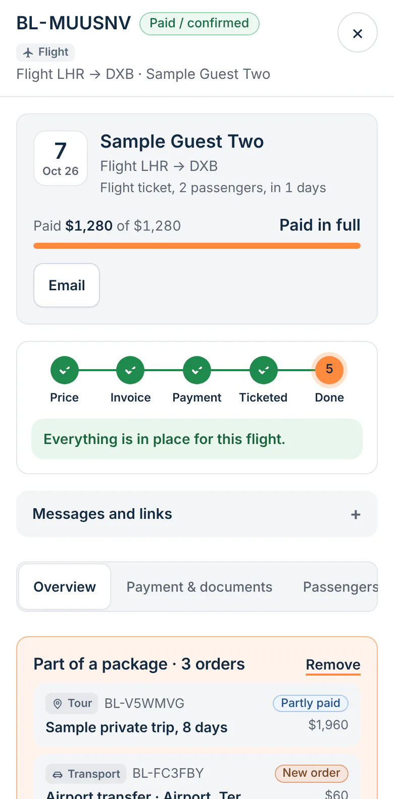 A flight ticket order in Toursside on a phone, paid in full, with its steps Price, Invoice, Payment, Ticketed and Done, and the package it belongs to
