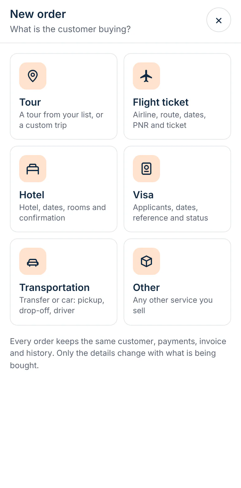 Toursside new order screen on a phone asking what the customer is buying: tour, flight ticket, hotel, visa, transportation or other