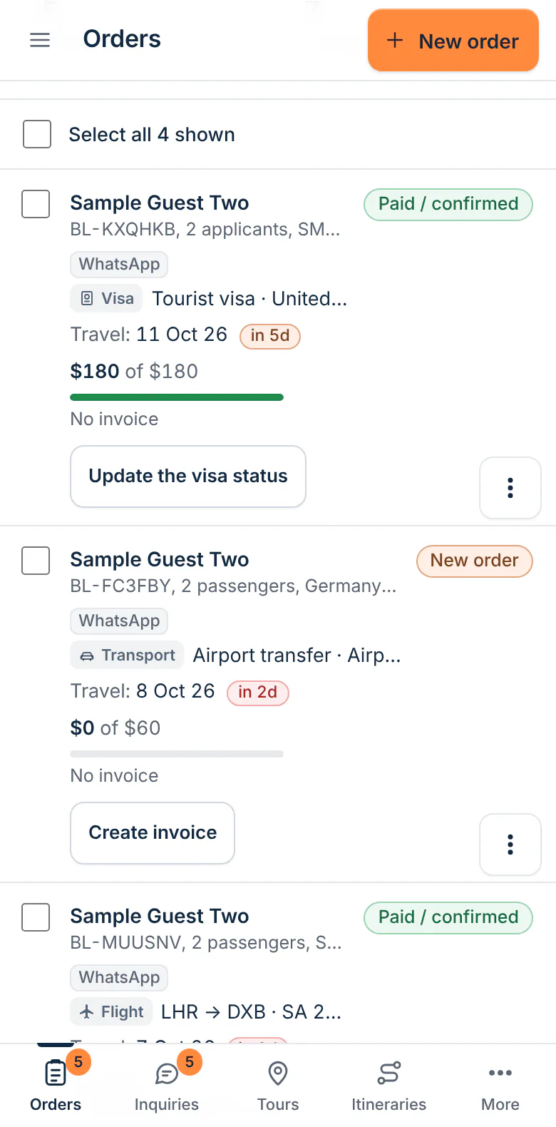 Toursside orders list on a phone with visa, transport and flight orders for the same customer