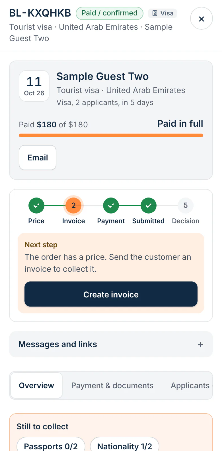 A visa order in Toursside on a phone with the applicants, payment, and its steps Price, Invoice, Payment, Submitted and Decision