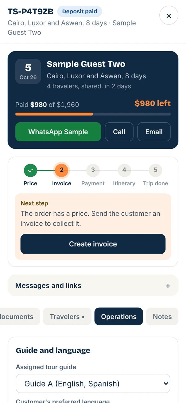 An order's operations tab on a phone, with the assigned guide and language