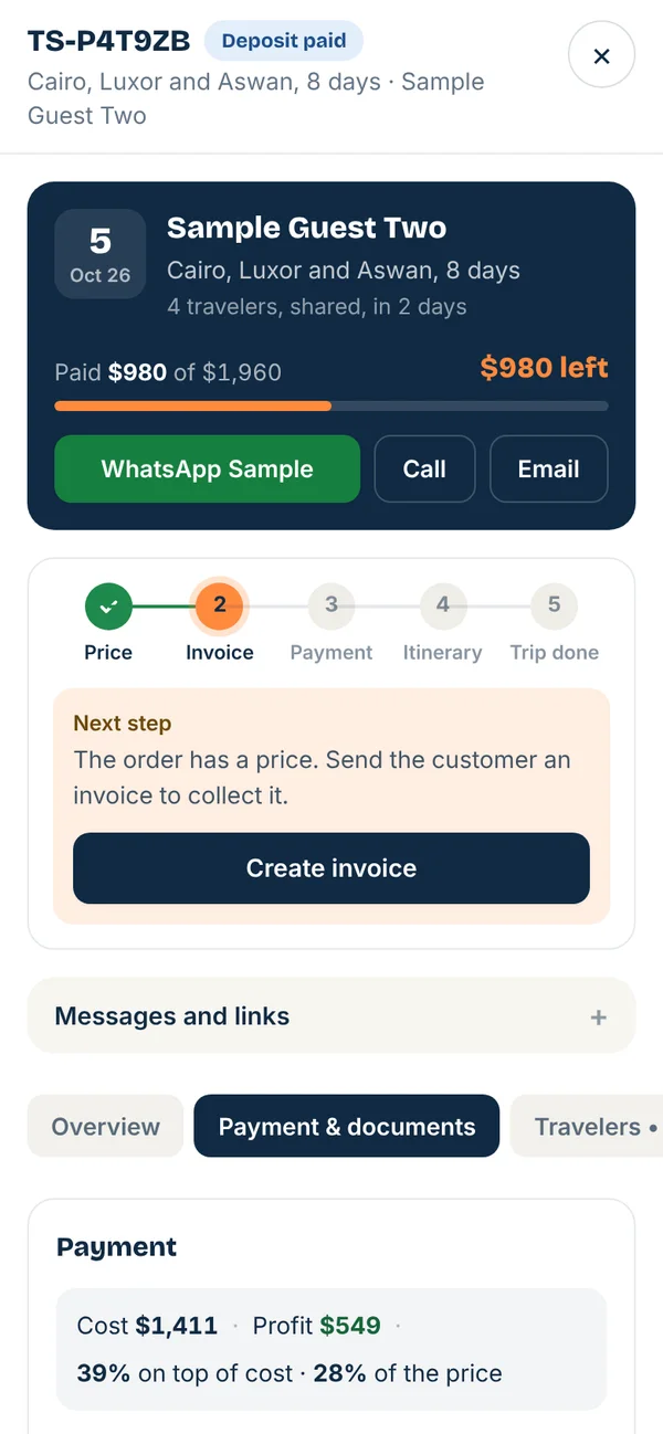 An order's payment tab on a phone, showing cost, profit and balance