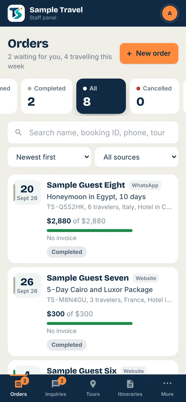 Orders list on a phone